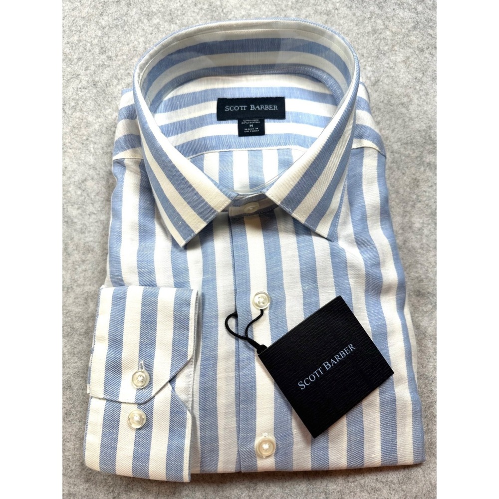SCOTT BARBER Blue & White Stripe Premium Linen Blend Dress Shirt Mens Medium NEW